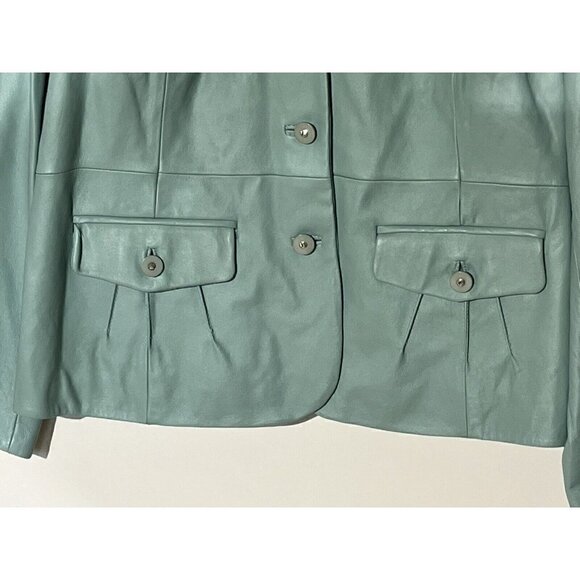 New PAMELA MCCOY Mint Green Genuine Leather Buttons Moto Jacket Blazer - Picture 7 of 9